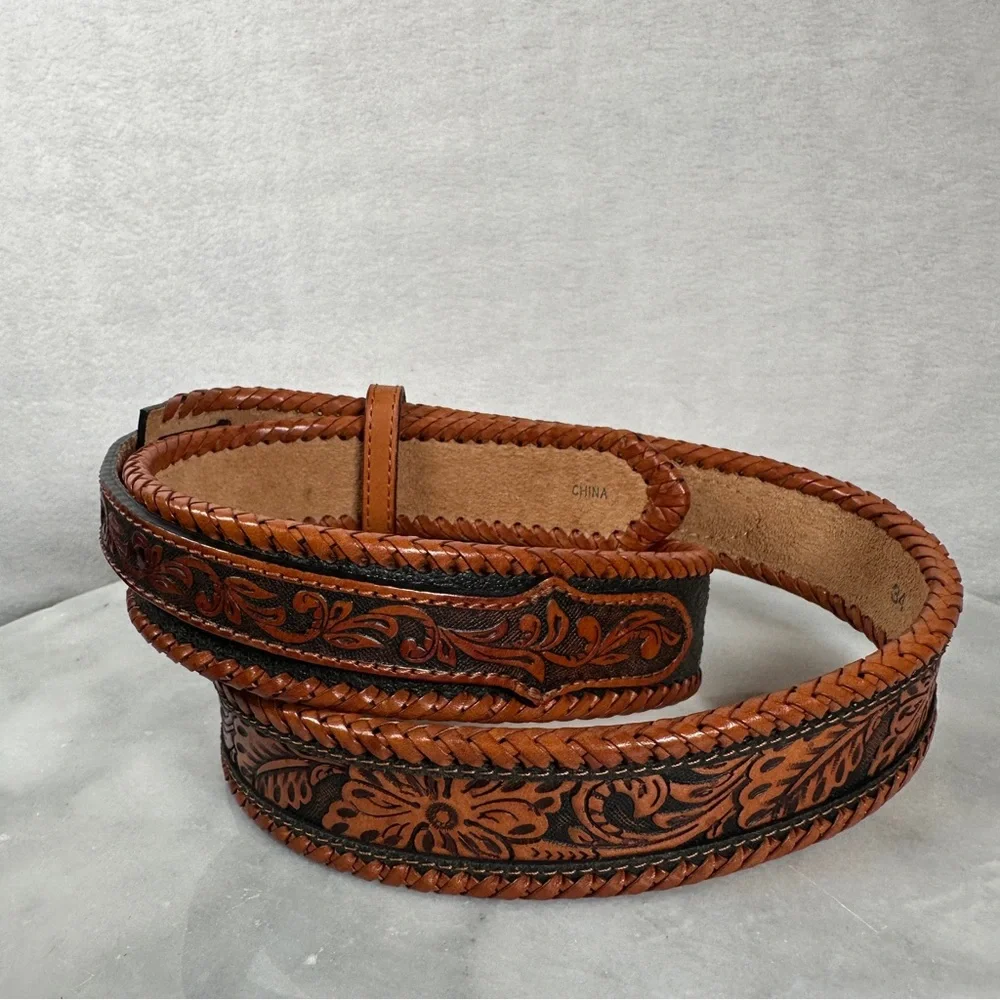 Brown Leather belt western‎ black tooled stitching Silver Buckle cowboy cowgirl